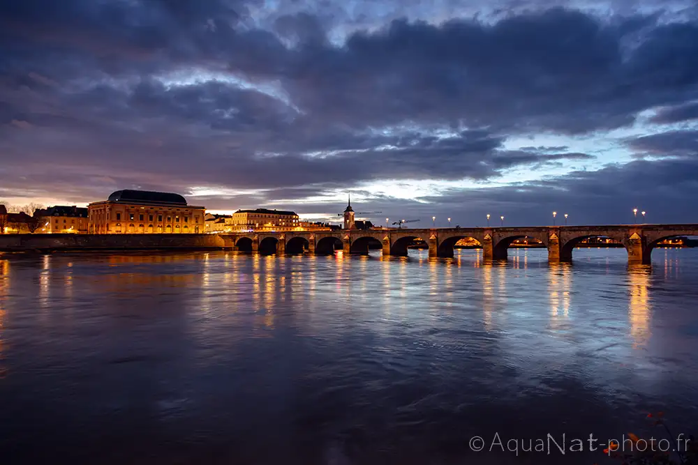 Vue sur Saumur et le Pont Cessart au coucher du soleil